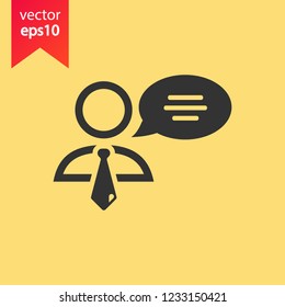 Speaker man vector icon. Podium speech sign. Conference presentation speech icon. Tribune orator speech sign. Audience spokesman symbol. EPS 10 flat symbol.