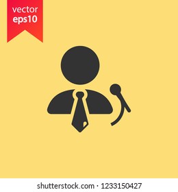 Speaker man vector icon. Podium speech sign. Conference presentation speech icon. Tribune orator speech sign. Audience spokesman symbol. EPS 10 flat symbol.