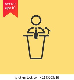 Speaker man vector icon. Podium speech sign. Conference presentation speech icon. Tribune orator speech sign. Audience spokesman symbol. EPS 10 flat symbol.