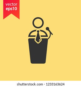Speaker man vector icon. Podium speech sign. Conference presentation speech icon. Tribune orator speech sign. Audience spokesman symbol. EPS 10 flat symbol.