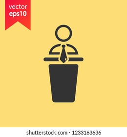 Speaker man vector icon. Podium speech sign. Conference presentation speech icon. Tribune orator speech sign. Audience spokesman symbol. EPS 10 flat symbol.