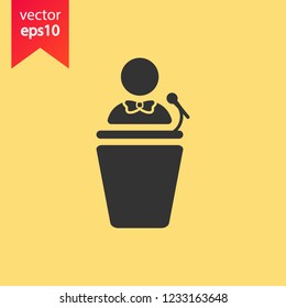 Speaker man vector icon. Podium speech sign. Conference presentation speech icon. Tribune orator speech sign. Audience spokesman symbol. EPS 10 flat symbol.