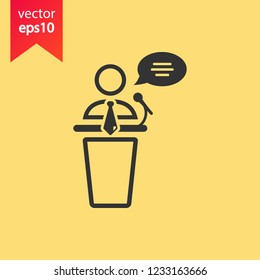 Speaker man vector icon. Podium speech sign. Conference presentation speech icon. Tribune orator speech sign. Audience spokesman symbol. EPS 10 flat symbol.