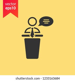 Speaker man vector icon. Podium speech sign. Conference presentation speech icon. Tribune orator speech sign. Audience spokesman symbol. EPS 10 flat symbol.