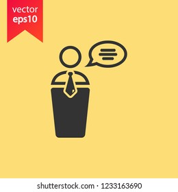 Speaker man vector icon. Podium speech sign. Conference presentation speech icon. Tribune orator speech sign. Audience spokesman symbol. EPS 10 flat symbol.