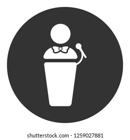Speaker man vector icon. Podium speech sign. Conference presentation speech icon. Tribune orator speech sign. Audience spokesman symbol. EPS 10 flat symbol. Round social icon design