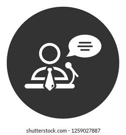 Speaker man vector icon. Podium speech sign. Conference presentation speech icon. Tribune orator speech sign. Audience spokesman symbol. EPS 10 flat symbol. Round social icon design