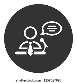 Speaker man vector icon. Podium speech sign. Conference presentation speech icon. Tribune orator speech sign. Audience spokesman symbol. EPS 10 flat symbol. Round social icon design