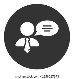 Speaker man vector icon. Podium speech sign. Conference presentation speech icon. Tribune orator speech sign. Audience spokesman symbol. EPS 10 flat symbol. Round social icon design