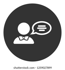 Speaker man vector icon. Podium speech sign. Conference presentation speech icon. Tribune orator speech sign. Audience spokesman symbol. EPS 10 flat symbol. Round social icon design