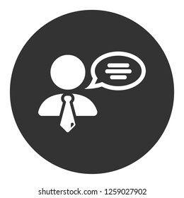 Speaker man vector icon. Podium speech sign. Conference presentation speech icon. Tribune orator speech sign. Audience spokesman symbol. EPS 10 flat symbol. Round social icon design