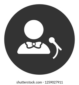 Speaker man vector icon. Podium speech sign. Conference presentation speech icon. Tribune orator speech sign. Audience spokesman symbol. EPS 10 flat symbol. Round social icon design