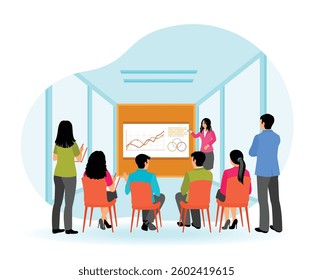 Speaker or manager giving  lecture to audience . Business meeting or training. mentor near board teach office personnel. Office worker concept. Flat vector illustration 