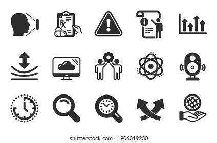 Speaker, Manual doc and Safe planet icons simple set. Employees teamwork, Resilience and Intersection arrows signs. Cloud storage, Atom and Prescription drugs symbols. Flat icons set. Vector