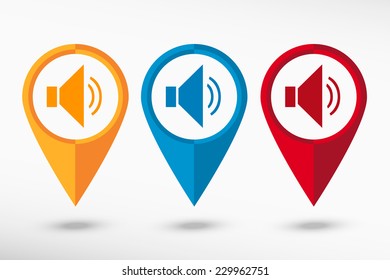 Speaker map pointer. Volume max. Flat design style 