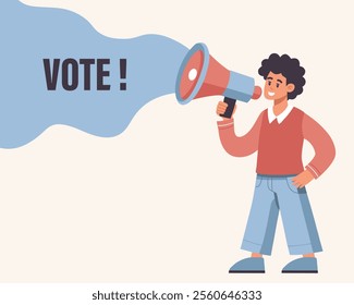 Speaker with megaphone, loudspeaker in hand. Voting and elections concept. Illustration in flat style