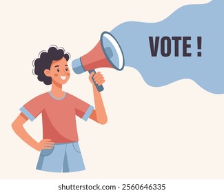 Speaker with megaphone, loudspeaker in hand. Voting and elections concept. Illustration in flat style