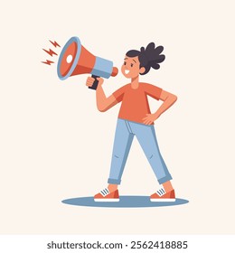 Speaker with megaphone, loudspeaker. Person with megaphone in hand, announcement, call, advertisement, information. Illustration