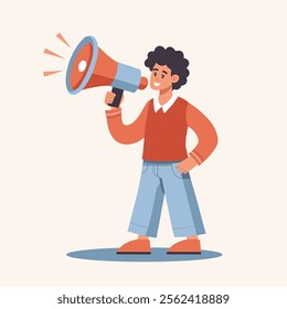 Speaker with megaphone, loudspeaker. Person with megaphone in hand, announcement, call, advertisement, information. Illustration