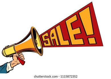 speaker megaphone sale text. isolate on white background. Pop art retro vector vintage kitsch illustration drawing