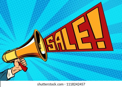 speaker megaphone sale text. Pop art retro vector vintage kitsch illustration drawing