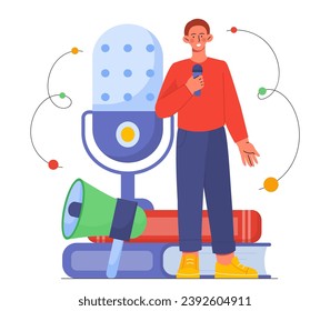 Speaker with mic concept. Man with microphone and loudspeaker. Public speach and performance. Orator with textbooks. Cartoon flat vector illustration isolated on white background