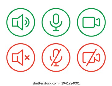 Speaker, Mic and Video Camera active and disabled related icons. Basic color icons for Video Conference, Webinar and Video chat.