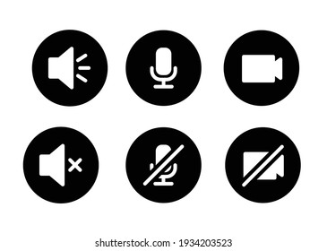 Speaker, Mic and Video Camera glyph icon set. Simple solid style for Video Conference, Webinar and Video chat. Microphone, audio, sound, mute, off concept. Vector illustration isolated. EPS 10.