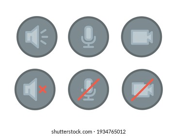 Speaker, Mic and Video Camera icon set. Simple filled outline style for Video Conference, Webinar and Video chat. Microphone, audio, sound, mute, off concept. Vector illustration isolated. EPS 10.