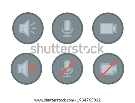Speaker, Mic and Video Camera icon set. Simple filled outline style for Video Conference, Webinar and Video chat. Microphone, audio, sound, mute, off concept. Vector illustration isolated. EPS 10.