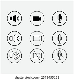 Speaker, Mic and Video Camera icons. Basic icons for Video Conference, Webinar and Video call