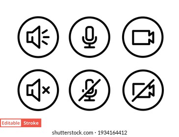 Speaker, Mic and Video Camera line icon set. Simple outline style for Video Conference, Webinar and Video chat. Microphone, audio, sound, mute, off concept. Vector isolated, editable stroke EPS 10.