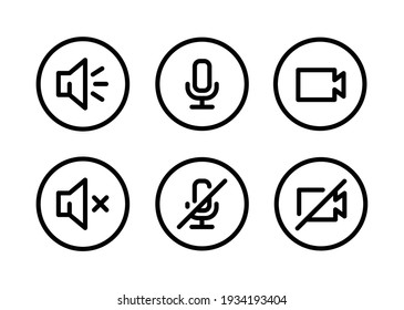 Speaker, Mic And Video Camera Line Icon Set. Simple Outline Style For Video Conference, Webinar And Video Chat. Microphone, Audio, Sound, Mute, Off Concept. Vector Illustration Isolated. EPS 10.