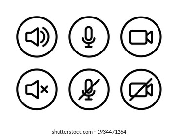 Speaker, Mic and Video Camera line icon set. Simple outline style for Video Conference, Webinar and Video chat. Microphone, audio, sound, mute, off concept. Vector illustration isolated. EPS 10.