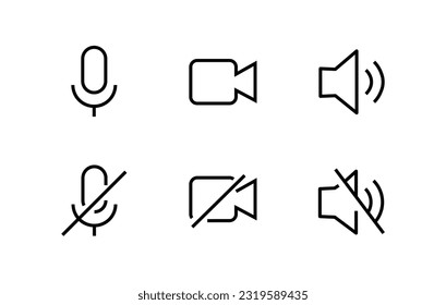 Speaker, Mic and Video Camera line icon set. Simple outline style for Video Conference, Webinar and Video chat. Microphone, audio, sound, mute, off concept. Vector illustration isolated