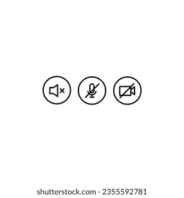 Speaker, Mic and Video Camera line icon set. Microphone, audio, sound, mute, off concept. Vector illustration isolated. Vector for website and application. 