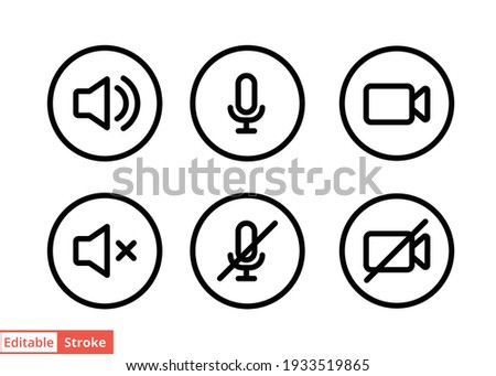 Speaker, Mic and Video Camera line icon set. Simple outline style for Video Conference, Webinar and Video chat. Microphone, audio, sound, mute, off concept. Vector isolated, editable stroke EPS 10.