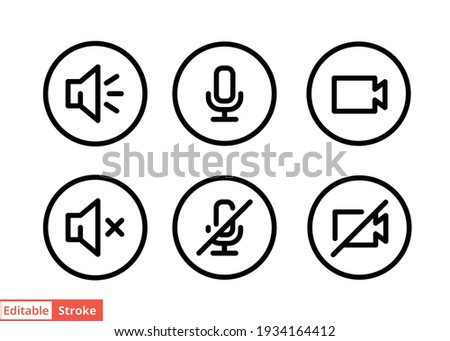 Speaker, Mic and Video Camera line icon set. Simple outline style for Video Conference, Webinar and Video chat. Microphone, audio, sound, mute, off concept. Vector isolated, editable stroke EPS 10.