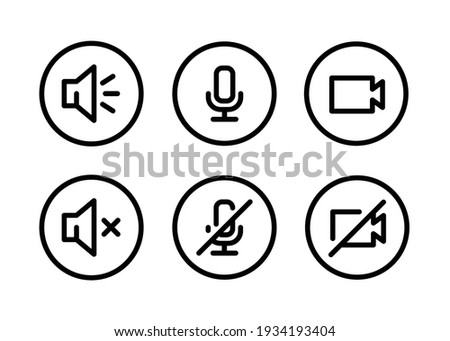 Speaker, Mic and Video Camera line icon set. Simple outline style for Video Conference, Webinar and Video chat. Microphone, audio, sound, mute, off concept. Vector illustration isolated. EPS 10.