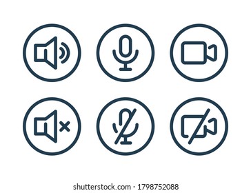 Iconos relacionados con altavoces, micrófono y videocámaras. Iconos básicos para videoconferencia, seminario web y videochat.