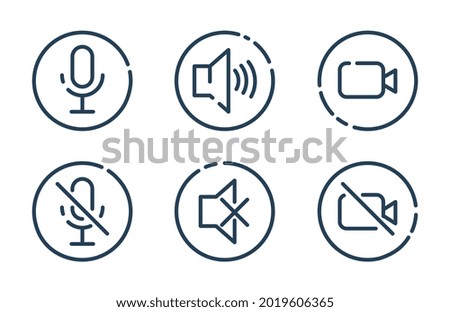 Speaker, Mic and Video Camera related icons. Basic icons for Video Conference. On and off. Set of templates for applications and websites. Flat line art collection isolated on a white background