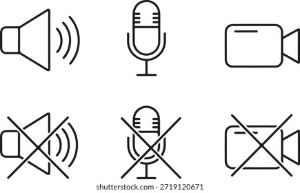Video Micrófono del altavoz Iconos de la cámara con el Vector mudo y de los símbolos de desactivación