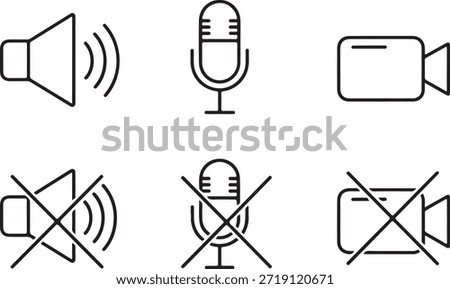 Speaker microphone video camera icons with mute and disable symbols vector