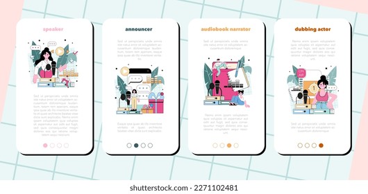 Speaker mobile application banner set. Voice actor dubbing a movie, audio book or radio announcer. Character talking through the microphone at the studio. Flat vector illustration