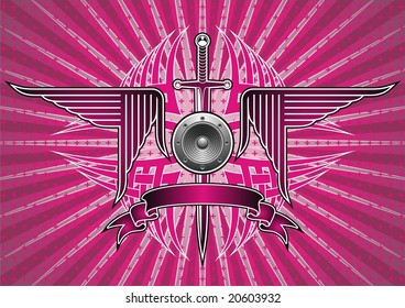 Speaker motif with tribal pattern, sword and wings in pink.