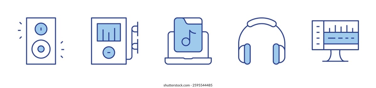 speaker, mp player, music, headphones, audio editing. Audio Icon vector illustration. Line Duotone style. Editable stroke.