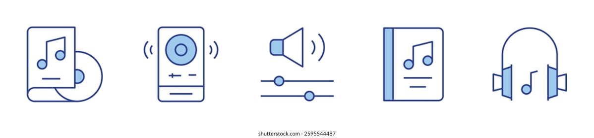 speaker, music headphones, audio book, volume, music book. Audio Icon vector illustration. Line Duotone style. Editable stroke.