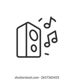 Altavoz con notas musicales, icono lineal. Audio, fiesta o concepto de entretenimiento. Línea con trazo editable.