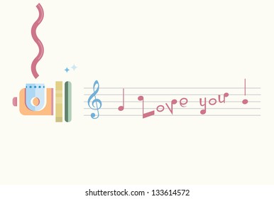 Speaker with music notes in shape of I love you words
