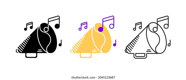 Speaker and musical notes icon set. Entertainment and music icon. Art vector illustration set. Editable row set. Silhouette, colored, linear icon set.